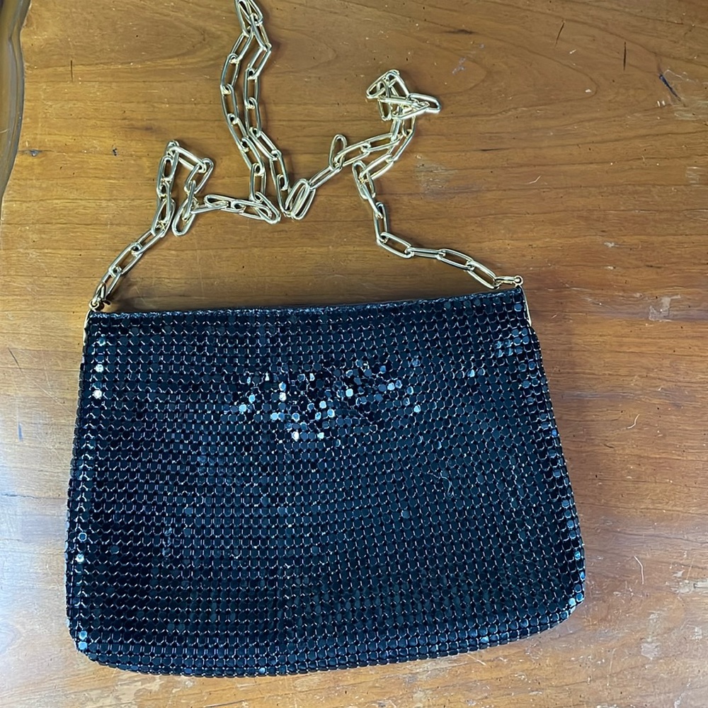 Black Metallic Mesh Cocktail Evening Purse with Gold Chain